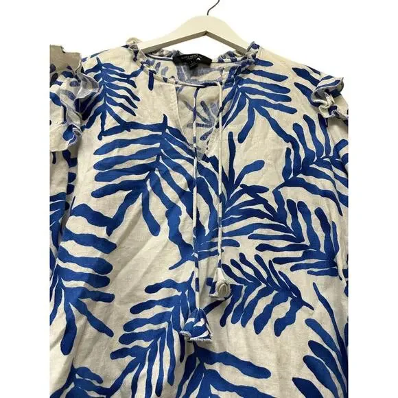 Size Large Linen Blend Resort Blue Boho Tropical Pool Vacation Ruffle Blouse Top - Picture 2 of 11